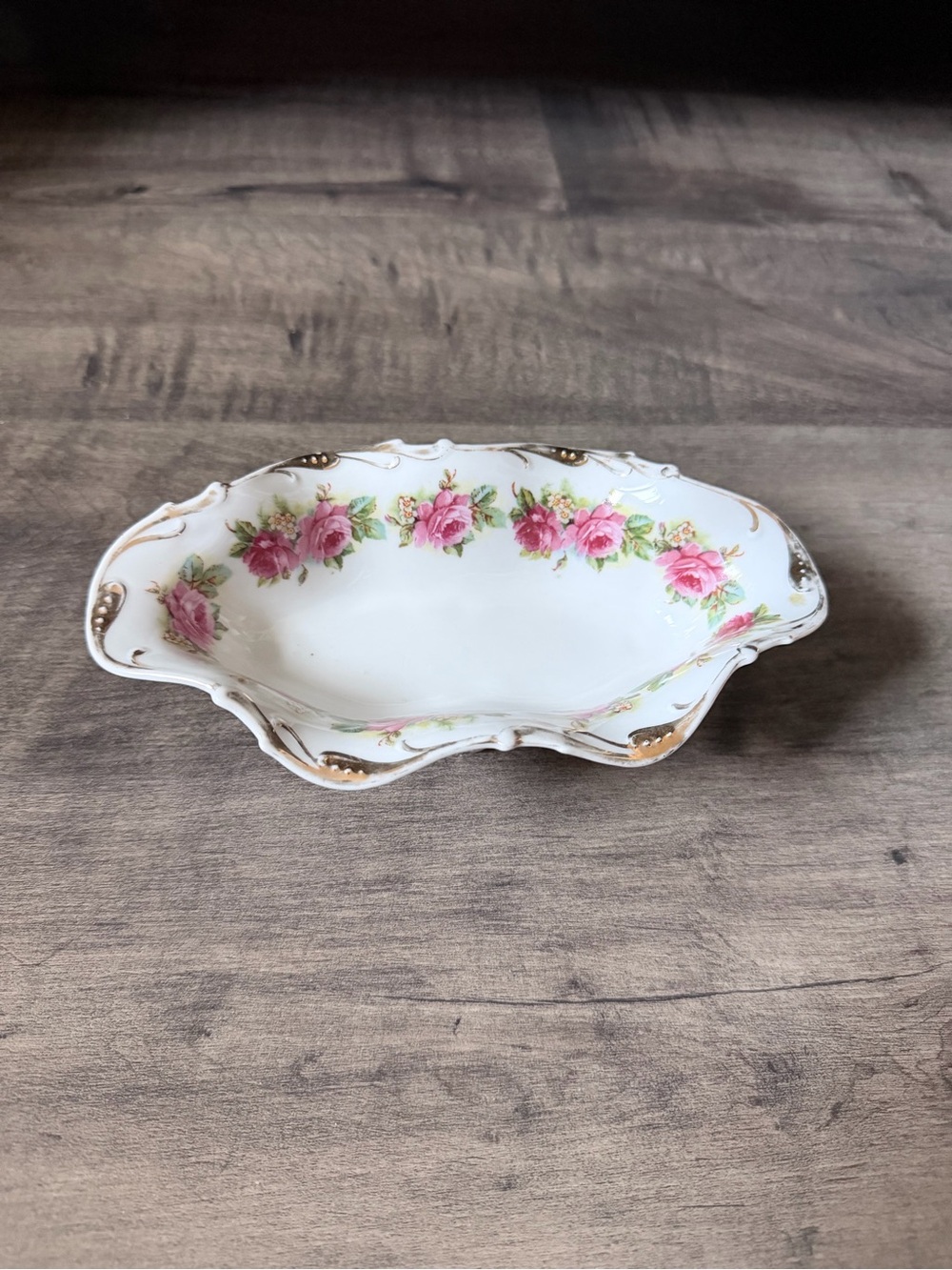 Vintage Porcelain Rose-Trim Decorative Dish with Gold Accents